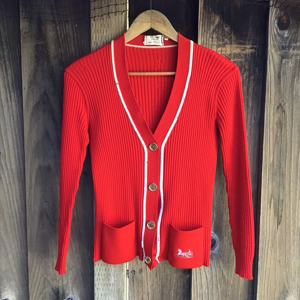 Vintage Celine Paris Red Ribbed Cardigan Sweater Gold Buttons Horse Carriage 42